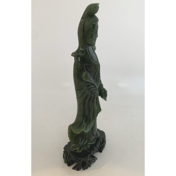 Chinese Nephrite Jade Guanyin 7" Statue w/Stand Hand Carved Deep Green Goddess - Picture 6 of 15